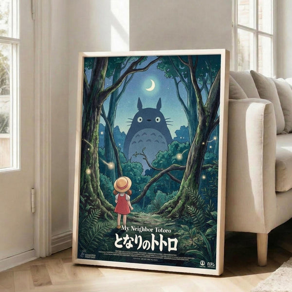 May include: Framed Studio Ghibli My Neighbor Totoro movie poster leaning against white wall next to beige sofa. Artwork shows small girl in red dress and hat looking up at large grey Totoro creature in moonlit forest with glowing fireflies among green trees. Japanese text at bottom. Natural lighting from nearby windows.