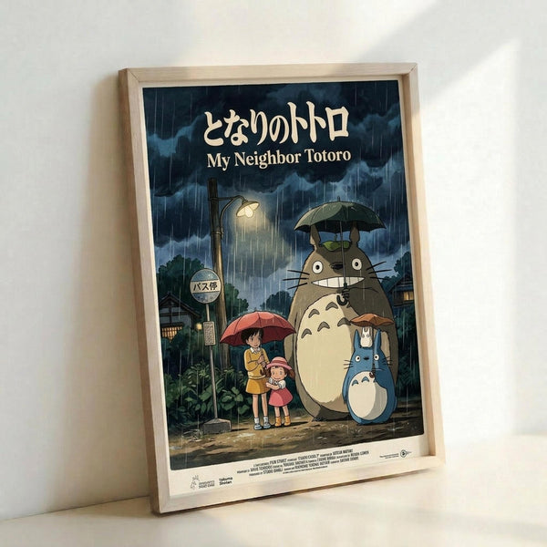 May include: Framed poster of Studio Ghibli's My Neighbor Totoro showing the iconic rainy bus stop scene with Totoro holding an umbrella, two children with red and yellow raincoats, and a smaller blue Totoro character. Japanese text appears at top with English translation below. Dark stormy sky with streetlight creates moody atmosphere. Natural wood frame displayed against white wall corner.