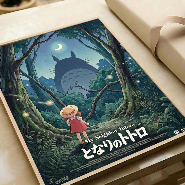 May include: Framed poster print displayed on white surface showing nighttime forest scene with large silhouetted Totoro character among moss-covered trees, small girl in red dress and straw hat below, crescent moon and fireflies visible through canopy, Japanese text at bottom, rich blue-green color palette with mystical Studio Ghibli animation style