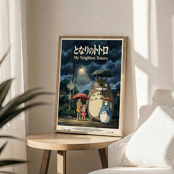 May include: Framed Studio Ghibli My Neighbor Totoro movie poster featuring iconic characters standing in the rain under umbrellas at a bus stop, displayed on a light wood round side table next to a beige upholstered chair with throw pillow, soft natural lighting creating window shadows on neutral wall, small plant visible in corner