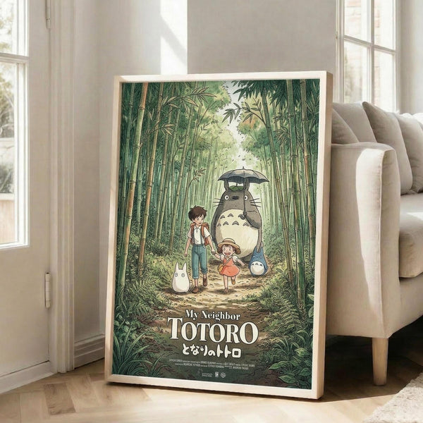 May include: Framed poster displaying animated characters in a lush green bamboo forest scene. Large gray creature with umbrella stands with two children and smaller white creatures on a dirt path. Artwork features rich emerald and forest green tones with Japanese text. Light wood frame leans against white wall next to beige sofa in bright room with tall windows and natural lighting.