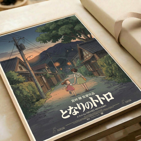 May include: Studio Ghibli movie poster print displayed on white fabric surface next to rolled paper tube. Vintage-style artwork shows two children walking on rural path between traditional Japanese houses at dusk, with mountains and power lines in background. Japanese text at bottom reads "となりのトトロ" with "A film by HAYAO MIYAZAKI" credit. Warm sunset colors blend orange and purple skies with detailed animation-style illustration in earth tones.