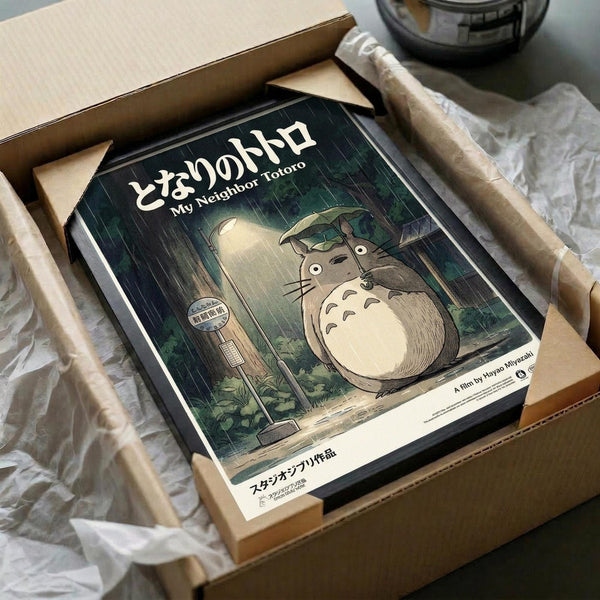 May include: My Neighbor Totoro movie poster in wooden frame, nestled in cardboard shipping box with protective tissue paper. The vintage-style poster shows Totoro character standing at a rainy bus stop with Japanese text at top. Forest green and earth tones dominate the artwork. Frame appears medium-sized relative to the shipping materials surrounding it.