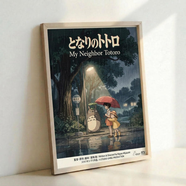 May include: Framed poster featuring My Neighbor Totoro movie artwork displayed against a white wall. The poster shows children with umbrellas meeting Totoro at a rainy bus stop under large trees, rendered in Studio Ghibli's distinctive animated style with deep blues and greens. Japanese text appears at the top with English title below. Natural wood frame surrounds the artwork.