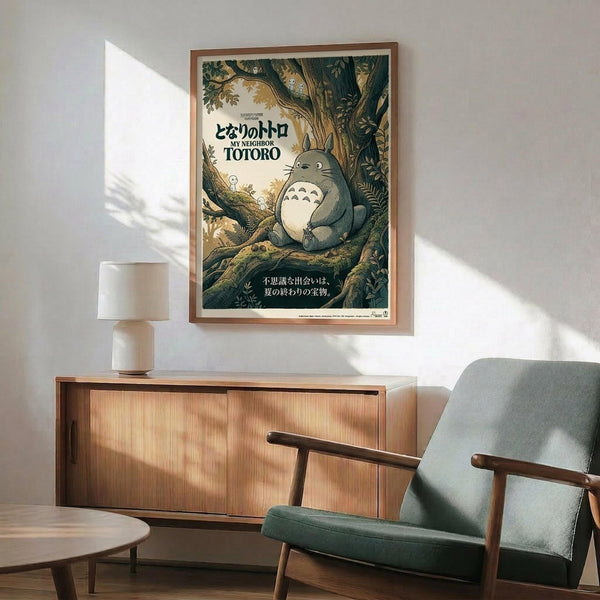 May include: Framed My Neighbor Totoro poster hanging on white wall above wooden sideboard with table lamp. Shows Totoro character sitting in lush forest setting with Japanese text. Mid-century modern room with teal upholstered chair, round coffee table, and natural lighting casting shadows across the scene.