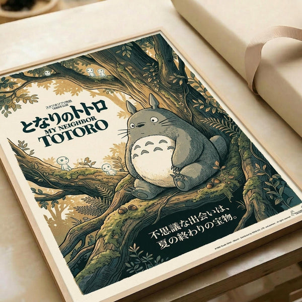 A vintage-style poster featuring Totoro, the beloved forest spirit, resting peacefully in a lush tree surrounded by smaller white spirit creatures. The artwork uses rich greens and warm earth tones with intricate botanical details of leaves, branches, and forest flora. Japanese text appears at the top and bottom in black lettering. The poster is displayed in a light wooden frame on white paper wrapping with cream ribbon visible in the corner, creating an elegant gift presentation.