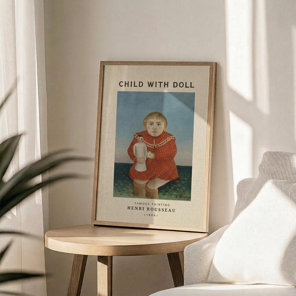 May include: Framed art print displaying a naive-style painting of a blonde child in a red polka-dotted dress holding a small white doll, set against a blue background. The print features museum-style text labeling above and below the artwork. Shown in a thin wooden frame on a round wooden side table next to a beige upholstered chair, with natural sunlight streaming across white walls and a plant visible in the corner.