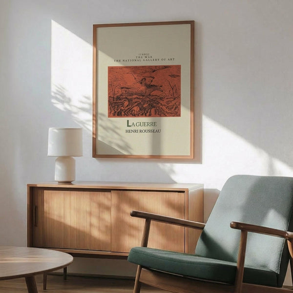 May include: Framed art print of Henri Rousseau's "La Guerre" featuring orange-red tones depicting war scene, displayed above mid-century modern wood credenza with ceramic table lamp, next to sage green upholstered armchair with wooden frame in bright sunlit room with white walls and warm shadows