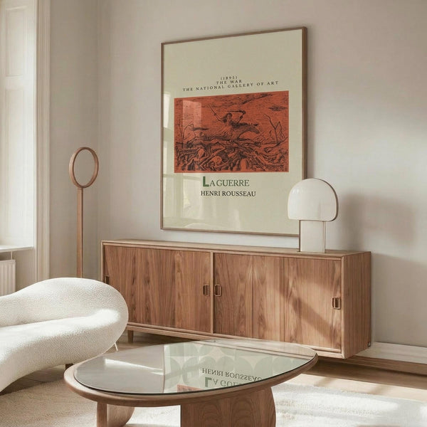May include: Framed art print featuring Henri Rousseau's "La Guerre" with reddish-orange battle scene artwork and cream background, displayed above a walnut wood credenza in a minimalist living room with white curved chair, glass coffee table, and modern mushroom lamp