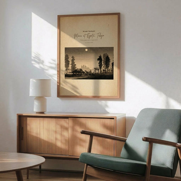 May include: Framed vintage Japanese woodblock print showing moonlit landscape with trees, buildings and mountain silhouettes in sepia tones, displayed above mid-century modern wooden credenza with white ceramic lamp, next to sage green upholstered armchair with wooden frame in sunlit room with white walls