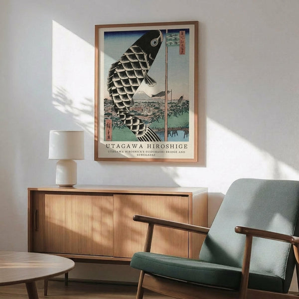 May include: Japanese woodblock print poster featuring a large black and white scaled carp fish swimming vertically, with Mount Fuji and landscape visible in background. Displayed in thin wood frame above a mid-century modern wooden credenza with white ceramic lamp. Sage green upholstered armchair with wooden frame sits nearby on wooden floors, with bright natural light casting shadows across white wall.