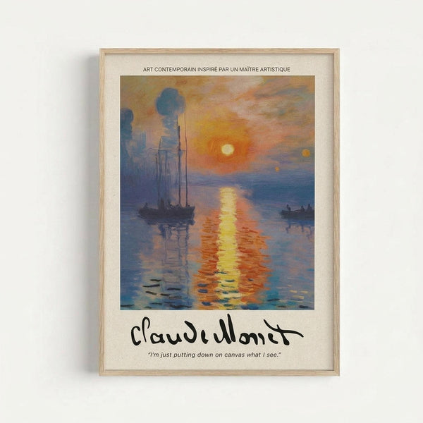 Framed impressionist-style poster featuring boats on water at sunrise with orange and blue reflections, displayed against a white wall. The artwork shows silhouetted vessels with tall smokestacks against a golden sunset sky, with the sun's warm light creating a shimmering path across the water's surface. Below the image is Claude Monet's signature and a quote in elegant script lettering on cream-colored matting within a light wood frame.