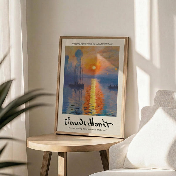 May include: Framed poster print of impressionist sunrise seascape with orange sun reflecting on blue water, boats silhouetted against colorful sky. Features Claude Monet signature and quote below artwork. Gold-toned frame displayed on round wooden side table next to beige upholstered chair with white throw pillow. Natural sunlight creates shadows on neutral wall background with plant leaves visible in corner.