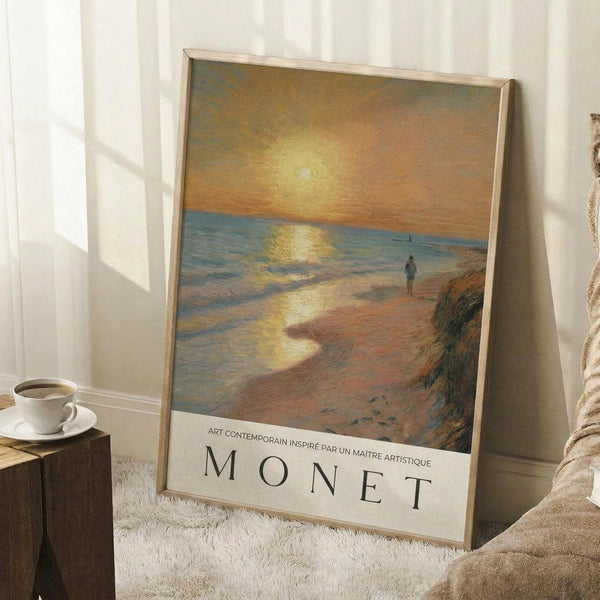 May include: Framed art print leaning against white wall showing impressionist-style seascape with golden sunset, blue ocean waves, sandy beach, and solitary figure walking. Warm yellow and orange sky reflects on water. Text reads "MONET" at bottom. Print has light wood frame, positioned on white textured rug near coffee cup on wooden surface and beige fabric.