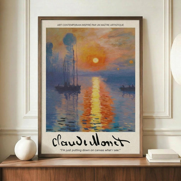 May include: Framed poster print of impressionist sunrise painting with boats on water, orange and blue reflections, displayed on wooden sideboard with white ceramic vase and books in elegant room with cream walls and white molding