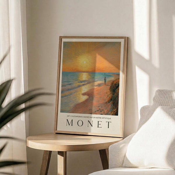 May include: Framed art poster featuring an impressionist-style seascape with orange sunset, blue water, sandy beach, and silhouetted figure. Golden sun reflects on waves while a triangular sail appears in the warm sky. Text reads "MONET" below the artwork. Wood-framed print sits on round wooden side table next to beige upholstered chair, with plant leaves visible in soft natural lighting.