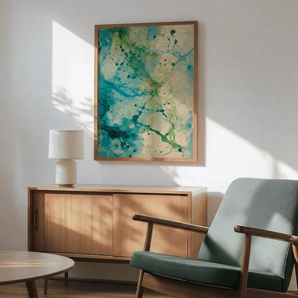 May include: Abstract watercolor artwork in turquoise, teal, and cream tones with organic flowing shapes and scattered dots, displayed in thin wooden frame above mid-century modern credenza. Sage green upholstered armchair with wooden arms sits nearby alongside small round side table and white ceramic table lamp. Warm natural sunlight streams across white wall creating geometric shadows.