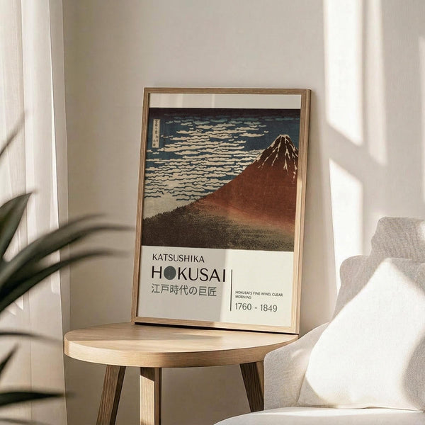 May include: Framed art print featuring Hokusai's iconic Mount Fuji with reddish-brown slopes against blue sky filled with white clouds, displayed on light wood round side table next to beige upholstered chair with white throw pillow, green plant leaves visible on left, natural sunlight casting shadows on white wall