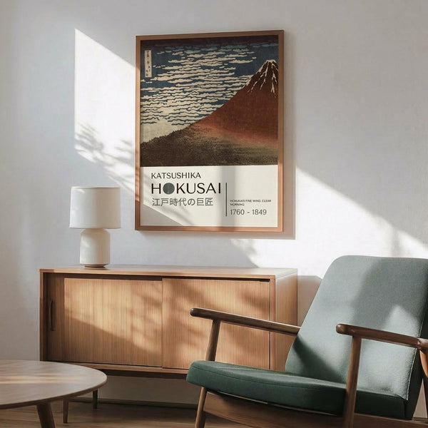 May include: Framed Japanese woodblock print reproduction featuring Mount Fuji in reddish-brown tones against cloudy sky, displayed above wooden sideboard with ceramic lamp in modern living room. Mint green upholstered chair with wooden arms sits beside small round table. Natural sunlight creates geometric shadows on white wall.
