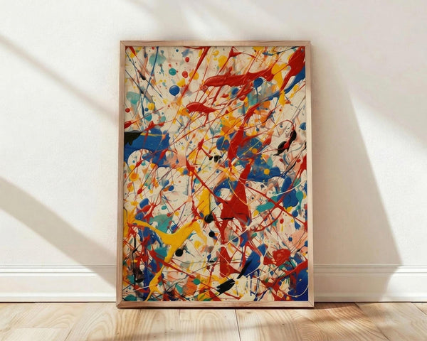 May include: Abstract expressionist artwork in wooden frame leaning against white wall on light wood floor. Vibrant paint splatters and drips in red, blue, yellow, and black dance across cream background. Dynamic brushstrokes and gestural marks create energetic composition with scattered dots and flowing lines throughout.