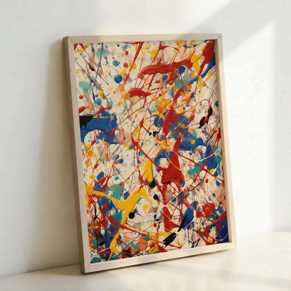 May include: Abstract expressionist artwork in light wooden frame leaning against white wall. Energetic composition features vibrant paint splatters, drips, and gestural marks in red, blue, yellow, turquoise, and black across cream background. Dynamic intersecting lines and organic paint drops create rhythmic movement throughout the piece, characteristic of action painting technique.