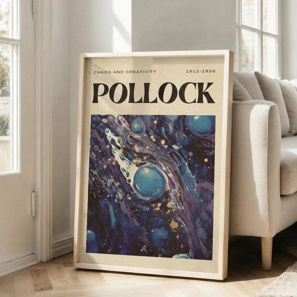 May include: Framed abstract art poster with swirling blue, purple, and gold paint splatters in cosmic pattern, displayed in light wooden frame leaning against white wall next to beige upholstered chair in bright, minimalist living room with hardwood floors and large windows