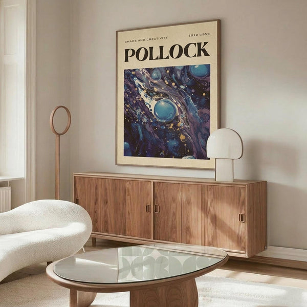May include: Abstract art poster with swirling blue, purple and teal paint patterns resembling cosmic or fluid forms, displayed in thin wooden frame above mid-century modern walnut credenza. Room features white curved chair, glass oval coffee table, white table lamp, and neutral walls with natural lighting.