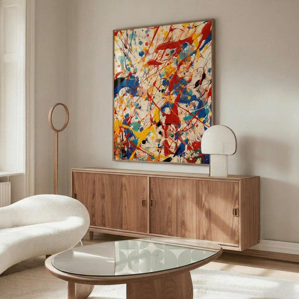 May include: Colorful abstract expressionist artwork with vibrant red, blue, yellow and black paint splatters and drips displayed above a mid-century modern walnut credenza in a minimalist living room. The large canvas features energetic brushstrokes and paint drips against a cream background. Room includes white upholstered chair, glass oval coffee table, and brass floor lamp.
