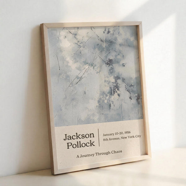 May include: Framed poster with abstract gray and white paint splatters in Jackson Pollock's signature drip style, displayed in light wood frame against white wall. Text below artwork reads "Jackson Pollock" with exhibition details "January 10-20, 1956, 8th Avenue, New York City" and "A Journey Through Chaos" in black typography on cream background.