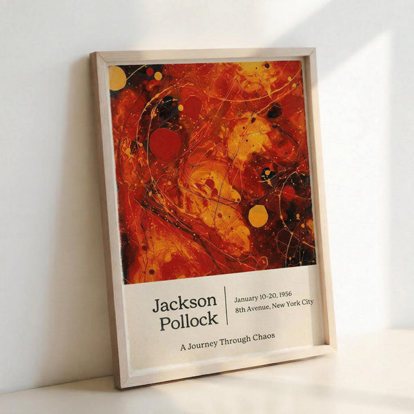 May include: Framed poster print featuring abstract expressionist artwork with vibrant red, orange, and yellow swirls mixed with black splatters and circular elements. The print displays exhibition-style text reading "Jackson Pollock" with dates and location details, titled "A Journey Through Chaos." Light wood frame sits propped against white wall, casting soft shadow.