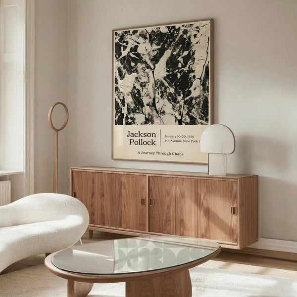 May include: Black and white abstract expressionist artwork hanging above wooden sideboard in modern living room. Framed poster features chaotic paint splatters and drips with exhibition text below. Scene includes cream upholstered chair, glass oval coffee table, brass floor lamp, and neutral walls with natural lighting.