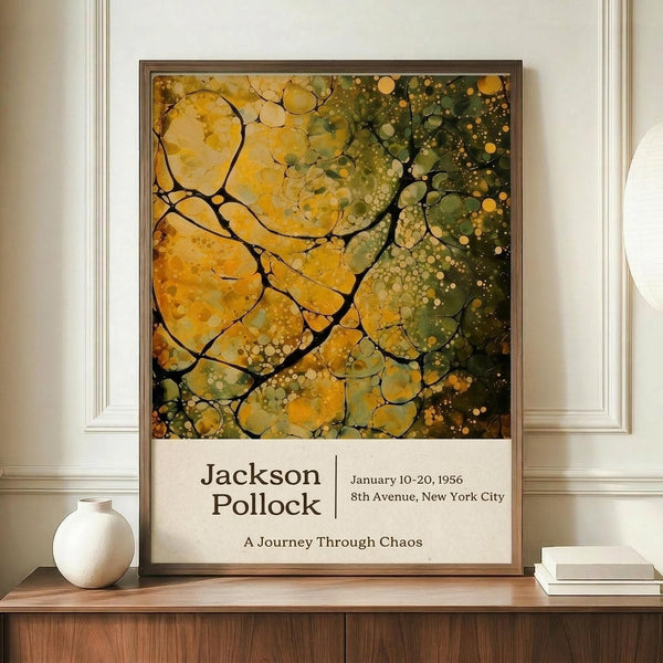 May include: Framed exhibition poster featuring abstract artwork with yellow and green organic shapes, bubbles, and dark linear elements in Jackson Pollock's distinctive style. The cream-colored poster displays exhibition details below the artwork. Shown in elegant room setting on wooden sideboard next to white ceramic vase and books, against neutral walls with white molding.