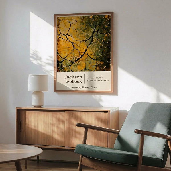 May include: Jackson Pollock exhibition poster with abstract yellow, green and brown organic patterns and black branching lines, displayed in wooden frame above mid-century modern credenza. Sage green upholstered chair with wooden arms sits nearby, white ceramic lamp on credenza surface, warm sunlight casting shadows across white wall in contemporary living room setting.