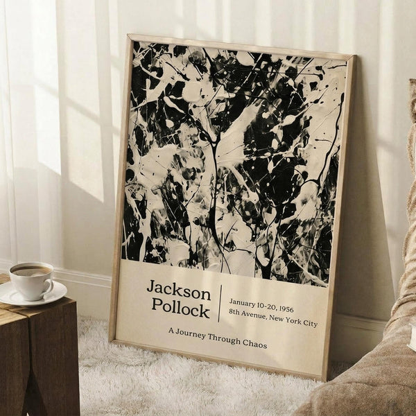 May include: Framed abstract art print featuring black paint splatters and drips on cream background, displayed in light wooden frame leaning against white wall. Room setting shows white coffee cup on wooden block and beige textured throw blanket on white shag rug. Natural window light creates soft shadows on wall.