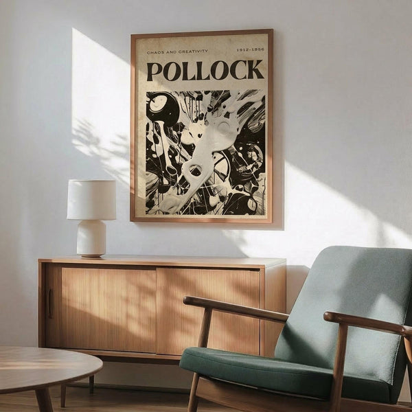 May include: Framed Jackson Pollock exhibition poster in warm wood frame hanging above mid-century modern wooden sideboard. Green upholstered armchair with wooden arms sits beside round coffee table. White ceramic table lamp on sideboard. Poster features black and white abstract expressionist artwork with dynamic paint splatters and gestural marks. Natural sunlight creates shadows across white wall and wooden furniture in contemporary living room setting.