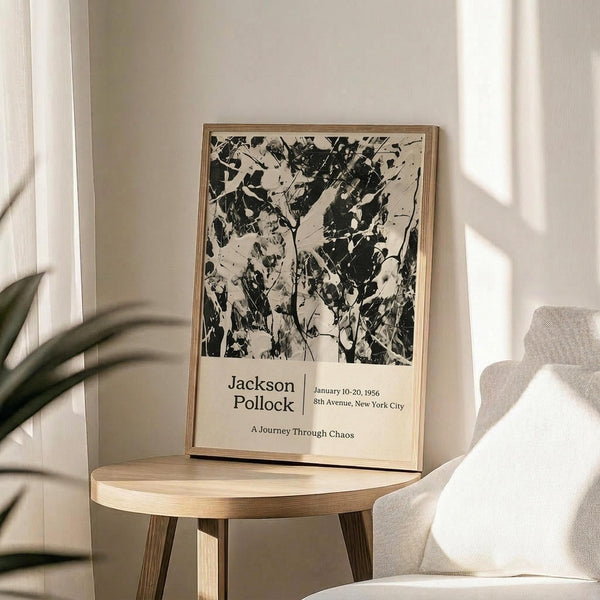 May include: Black and white abstract expressionist artwork in wooden frame displayed on round wooden side table next to beige upholstered chair. Sunlight streams across white wall creating geometric shadows. Green plant leaves visible in corner. Poster features dynamic paint splatters and drips with exhibition text below the artwork.