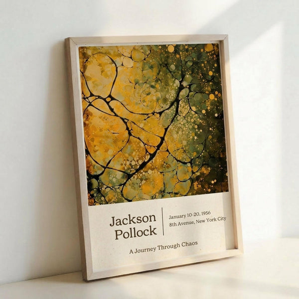 May include: Abstract art poster in light wood frame leaning against white wall. Features organic flowing shapes and circular patterns in golden yellow, olive green, and brown tones with scattered dots throughout. Exhibition-style text below artwork reads "Jackson Pollock" with dates and location details. Frame casts soft shadow on wall surface.