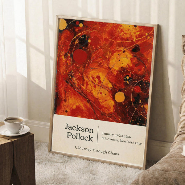 May include: Framed abstract art poster with vibrant red, orange, and yellow swirling patterns and black splatters, featuring Jackson Pollock exhibition text at bottom. Poster leans against white wall corner on white textured rug, next to wooden side table with coffee cup and saucer, with beige throw blanket visible on right side.