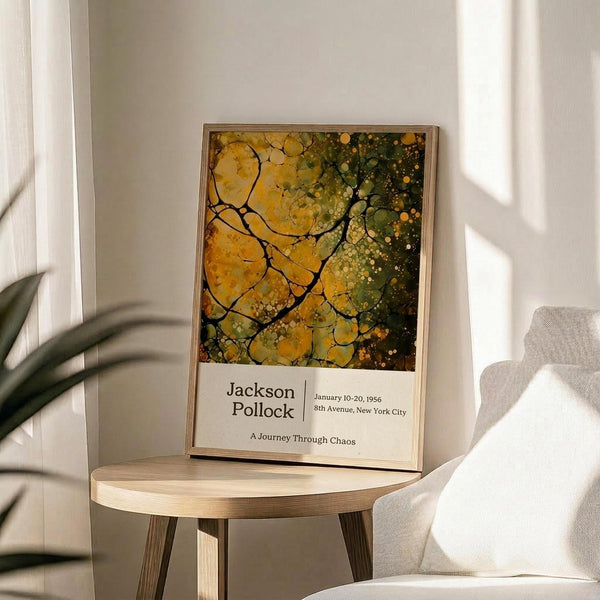 May include: Framed art print featuring Jackson Pollock's abstract expressionist style with organic yellow, green, and amber bubble-like forms connected by dark branching lines, displayed on a round wooden side table next to a beige upholstered chair with plant shadows cast on white walls in natural sunlight