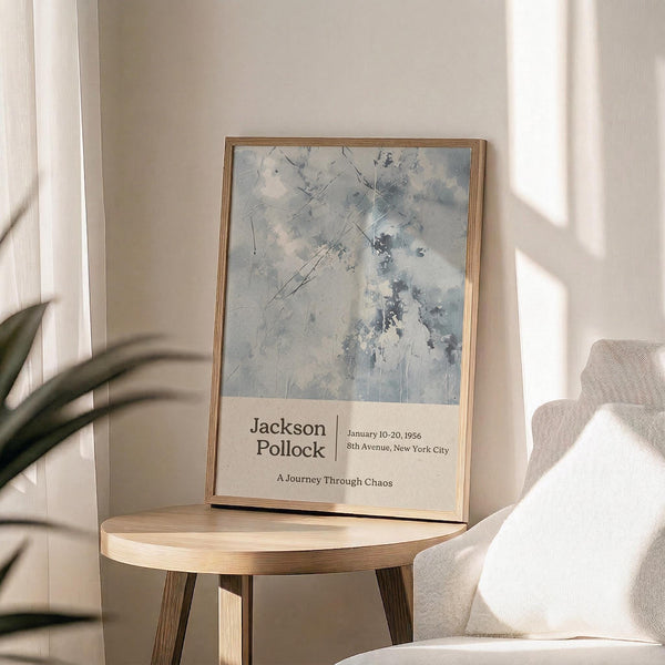 May include: Abstract expressionist artwork poster in natural wood frame displaying blue-gray paint splatters and gestural marks on light background. Frame sits on round wooden side table next to beige upholstered chair with textured fabric. Soft natural lighting creates shadows across cream wall, with green plant leaves visible in corner of minimalist modern room setting.