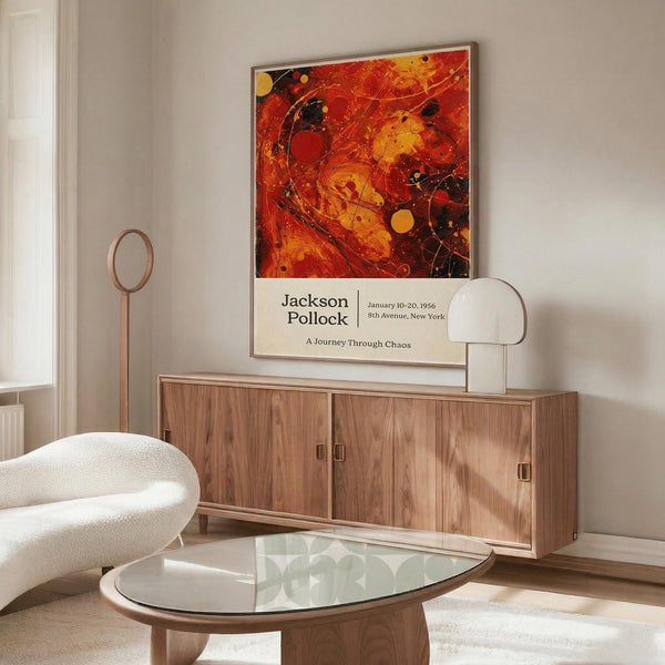 a modern living room with a large abstract painting hanging on the wall above a wooden cabinet. The painting has a vibrant mix of red, orange, and yellow colors, creating a striking visual contrast. The room also includes a white sofa, a glass coffee table, and a lamp on a side table.