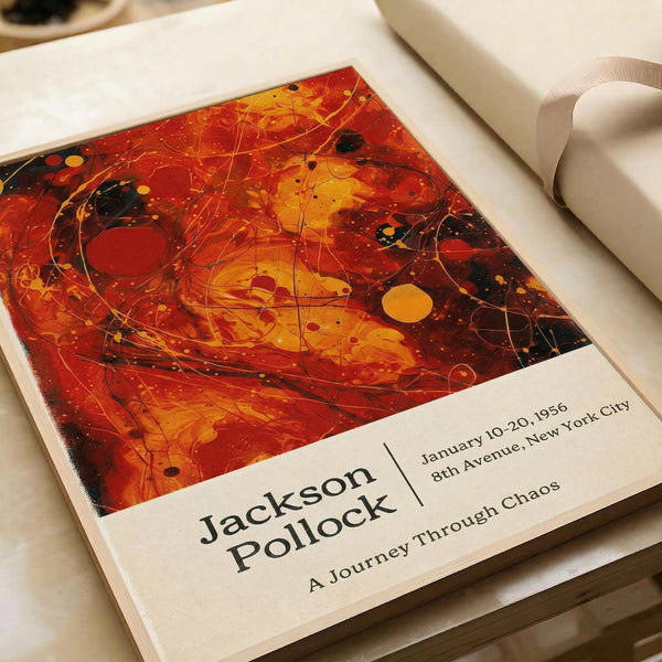 The image is a book cover for "A Journey Through Chaos" by Jackson Pollock, featuring a vibrant abstract painting with splashes of red, orange, and yellow.