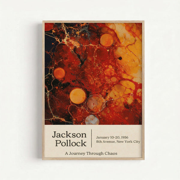 Abstract art print featuring vibrant orange, red, and black fluid patterns with circular bubble-like forms scattered throughout. The artwork has an organic, flowing quality reminiscent of marbled paper or oil on water. Below the colorful image is cream-colored text reading "Jackson Pollock" with exhibition details "January 10-20, 1956, 8th Avenue, New York City" and "A Journey Through Chaos." The print is displayed in a simple light wood frame against a white wall.