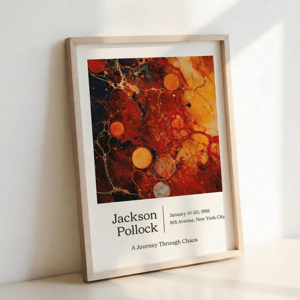 May include: Framed abstract art poster leaning against white wall, featuring vibrant red, orange, yellow and black fluid paint patterns with circular bubble-like forms. Light wood frame with white matting displays exhibition-style text below the artwork. Natural lighting creates soft shadows on the wall.