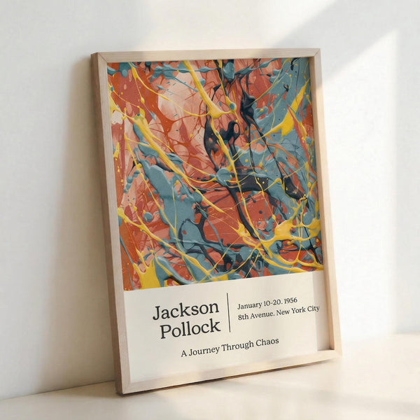 May include: Framed abstract expressionist art print with vibrant splashes and drips of orange, blue, yellow, and black paint in chaotic swirls and lines. The poster features exhibition text reading "Jackson Pollock January 10-20, 1956 8th Avenue, New York City A Journey Through Chaos" below the colorful artwork. Light wood frame leans against white wall, showing the energetic paint-splatter style characteristic of action painting.