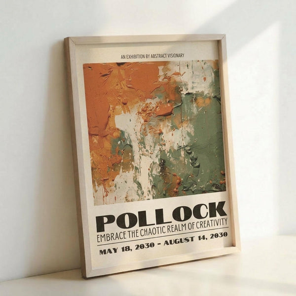 May include: Framed abstract art exhibition poster with orange, green and white paint splatters in Jackson Pollock style, displayed against white wall. Cream colored wooden frame contains vintage-style poster with "POLLOCK" text and exhibition dates "MAY 18, 2030 - AUGUST 14, 2030" beneath colorful abstract artwork resembling dripped paint technique.