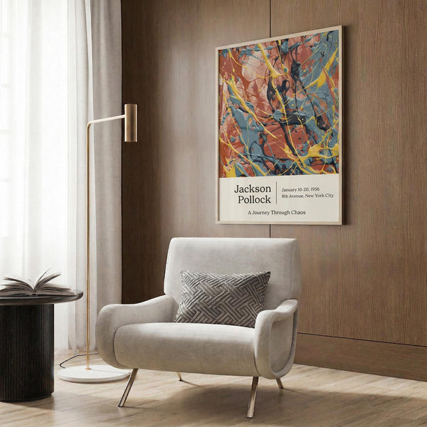 a modern living room with a white armchair, a floor lamp, and a framed abstract painting on the wall.
