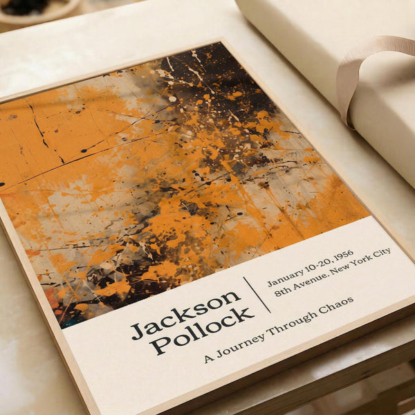 The image is a framed print featuring an abstract painting with splashes of orange and black. The text on the print announces Jackson Pollock's exhibition titled "A Journey Through Chaos" at the 8th Avenue, New York City on January 10, 1956.