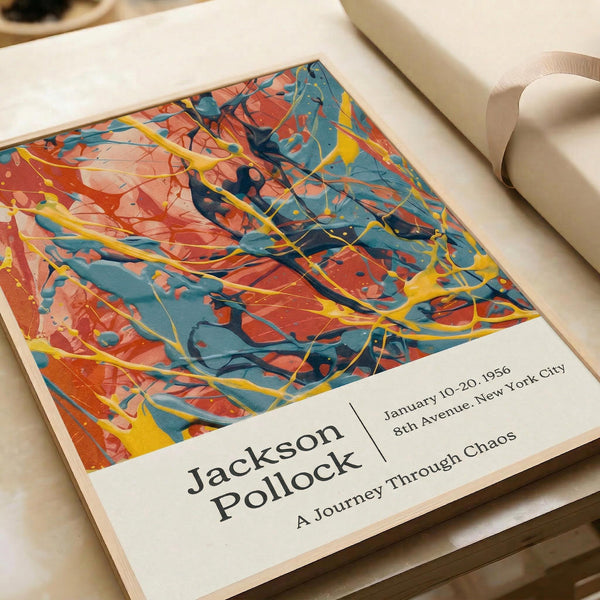 The image is a framed print featuring Jackson Pollock's artwork titled "A Journey Through Chaos".