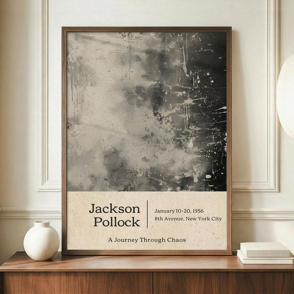 May include: A framed exhibition poster featuring Jackson Pollock's abstract black and white paint splatters and drips on cream background, displayed on a wooden sideboard beside a white ceramic vase and stacked books in an elegant room with cream walls and crown molding.